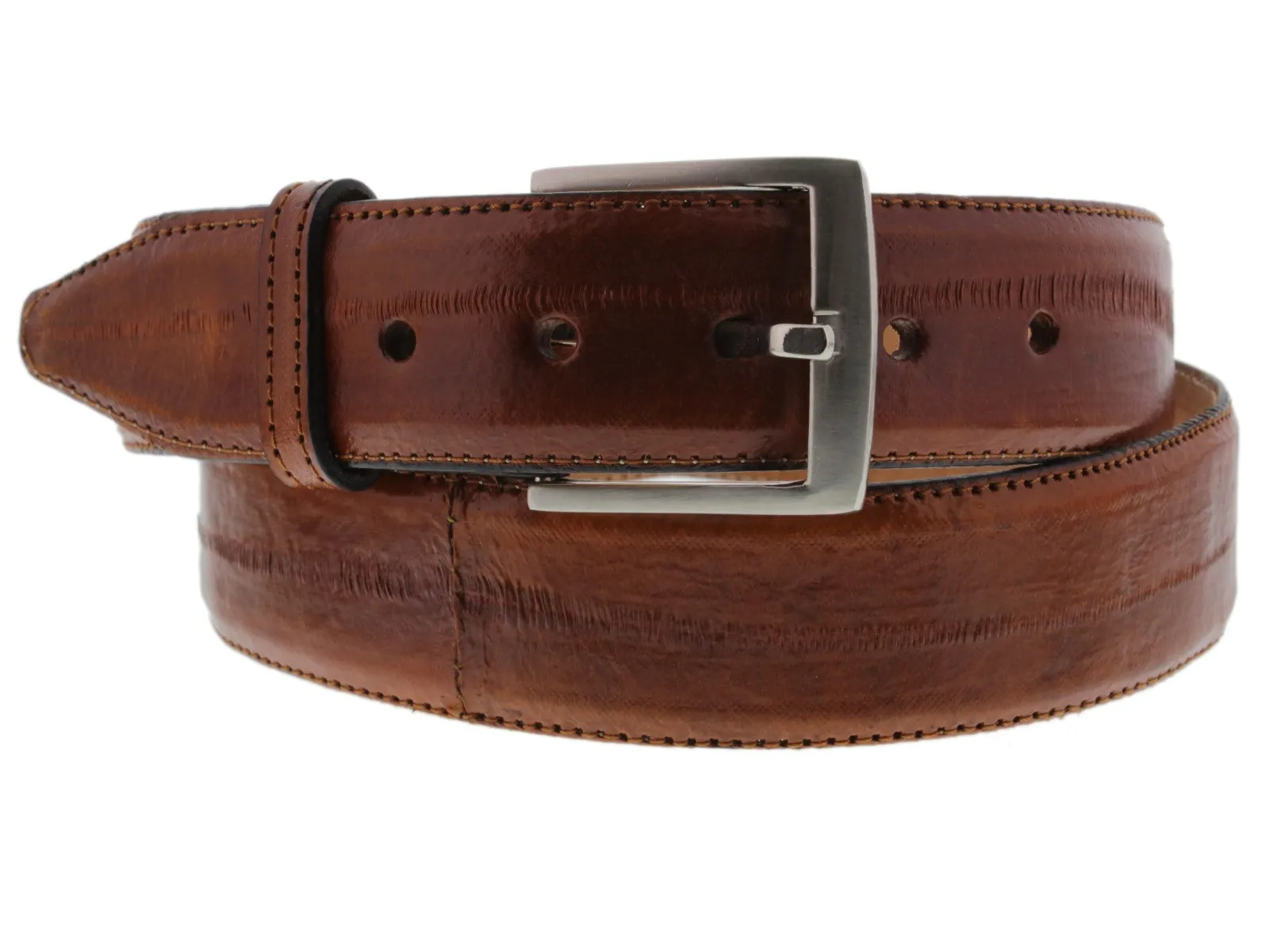 Cognac Cowboy Belt Real Eel Skin Leather - Silver Buckle