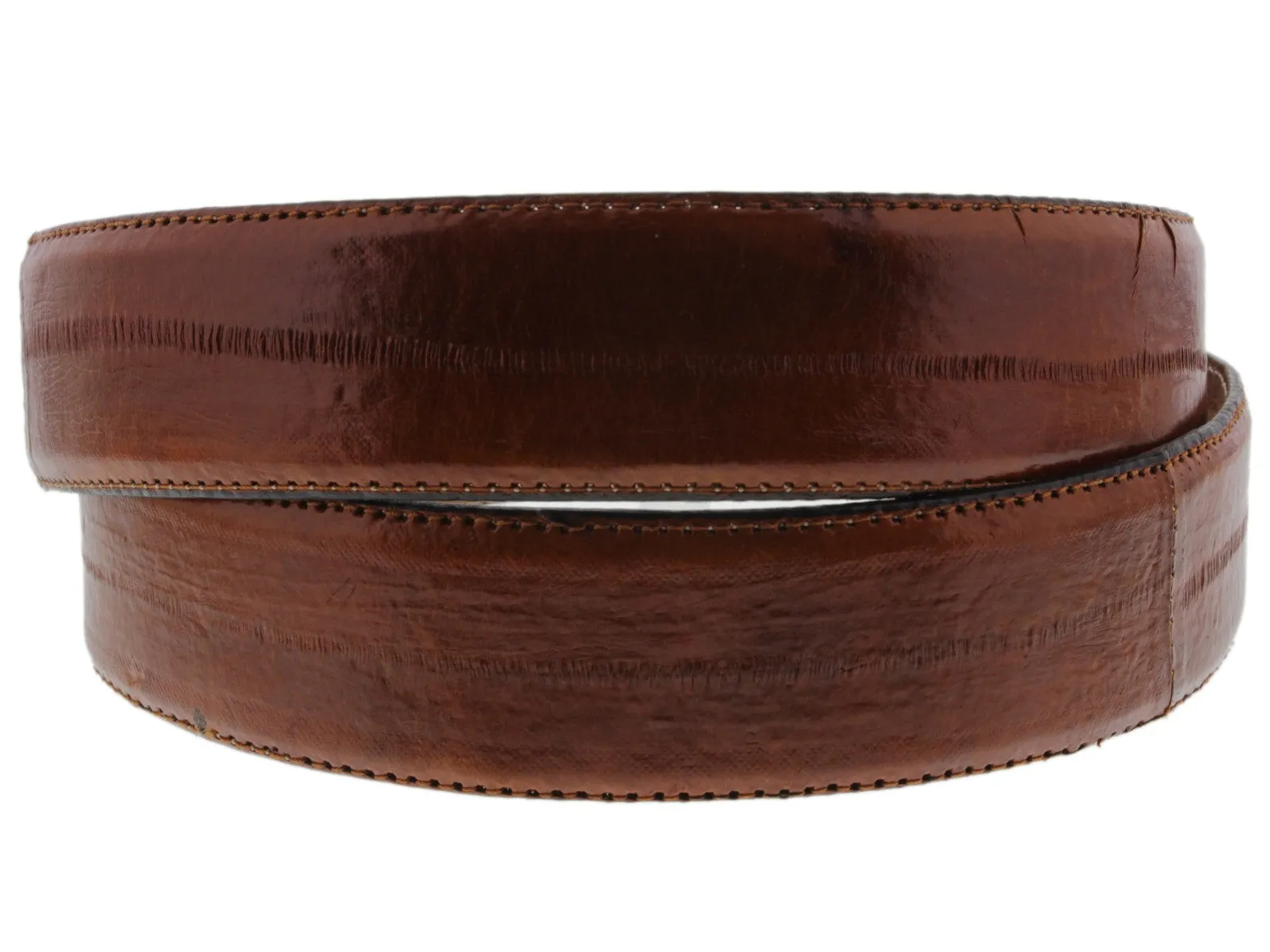 Cognac Cowboy Belt Real Eel Skin Leather - Silver Buckle