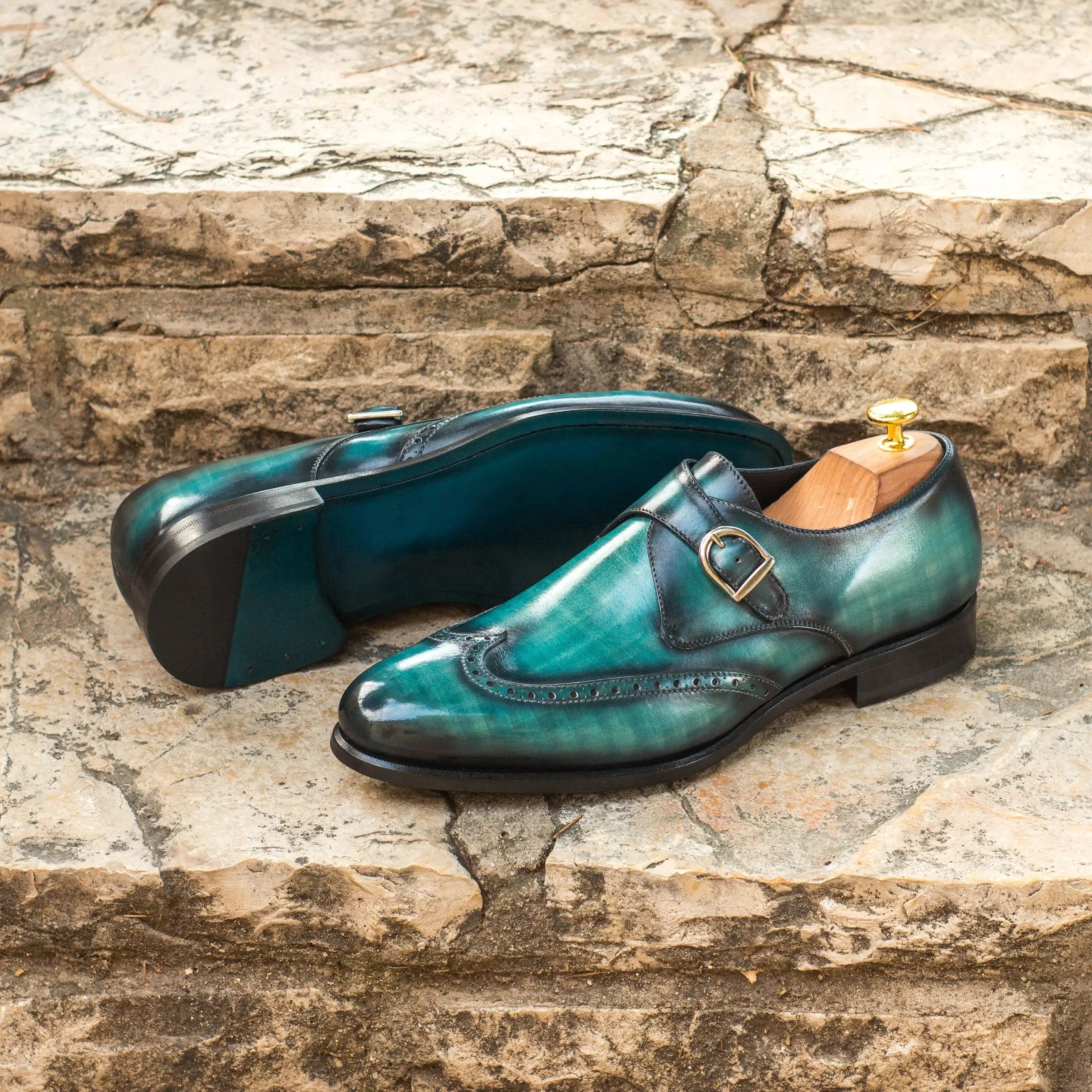 DapperFam Brenno in Turquoise Men's Hand-Painted Patina Single Monk