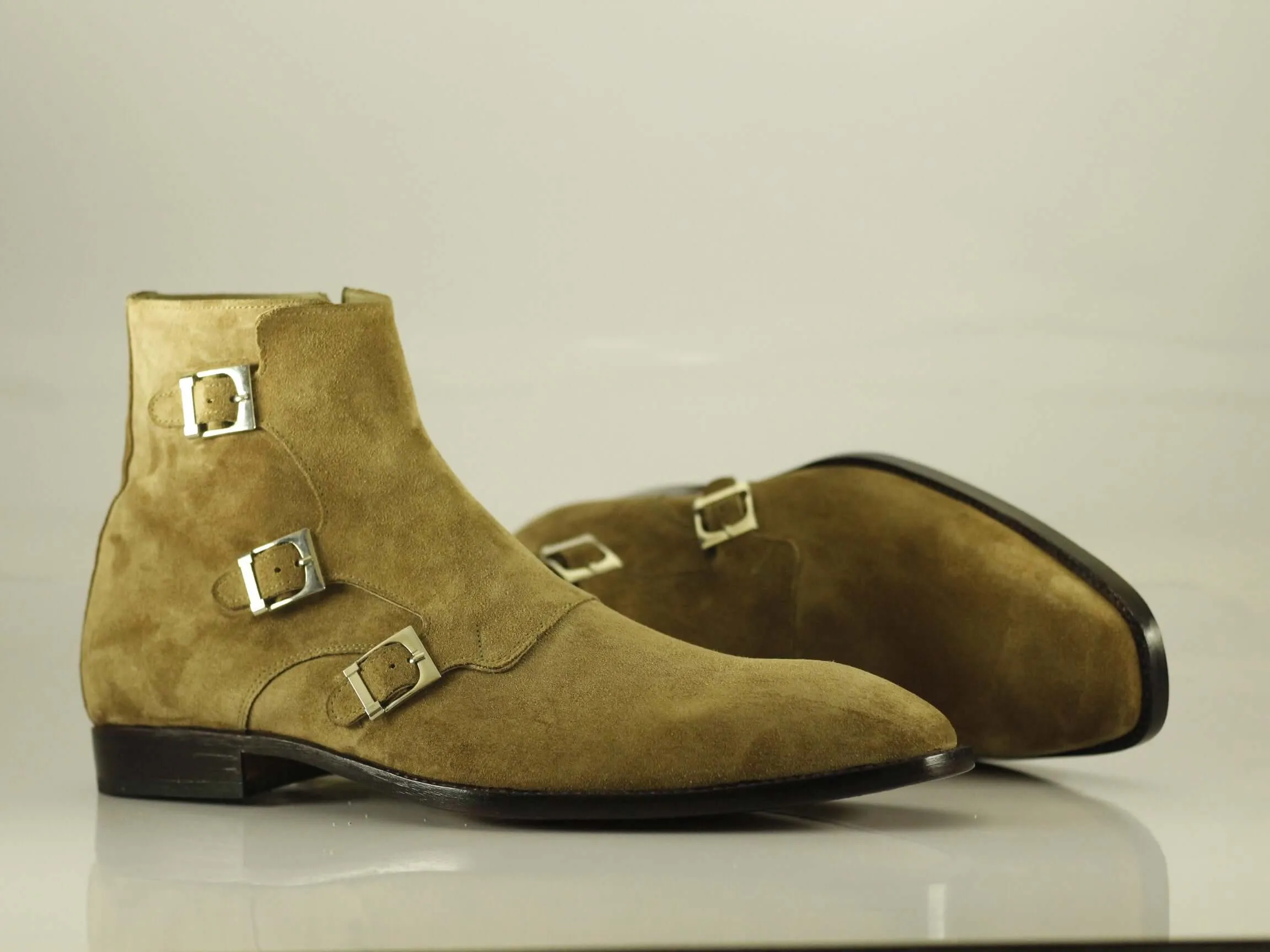 Handmade Tripple Monk Strap Side Zip Beige Colour,Men's Suede Ankle High Boot
