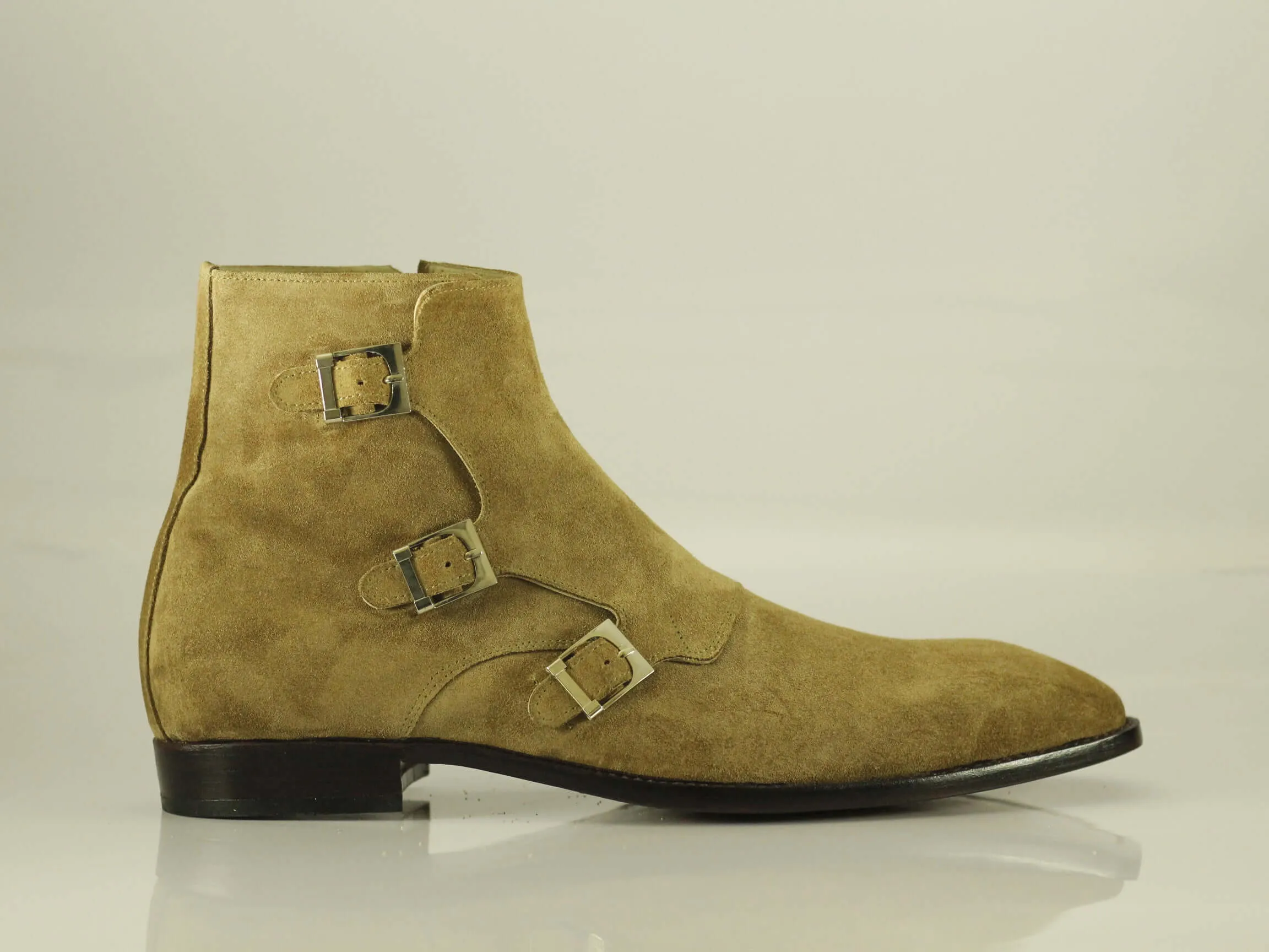 Handmade Tripple Monk Strap Side Zip Beige Colour,Men's Suede Ankle High Boot