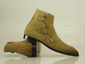 Handmade Tripple Monk Strap Side Zip Beige Colour,Men's Suede Ankle High Boot