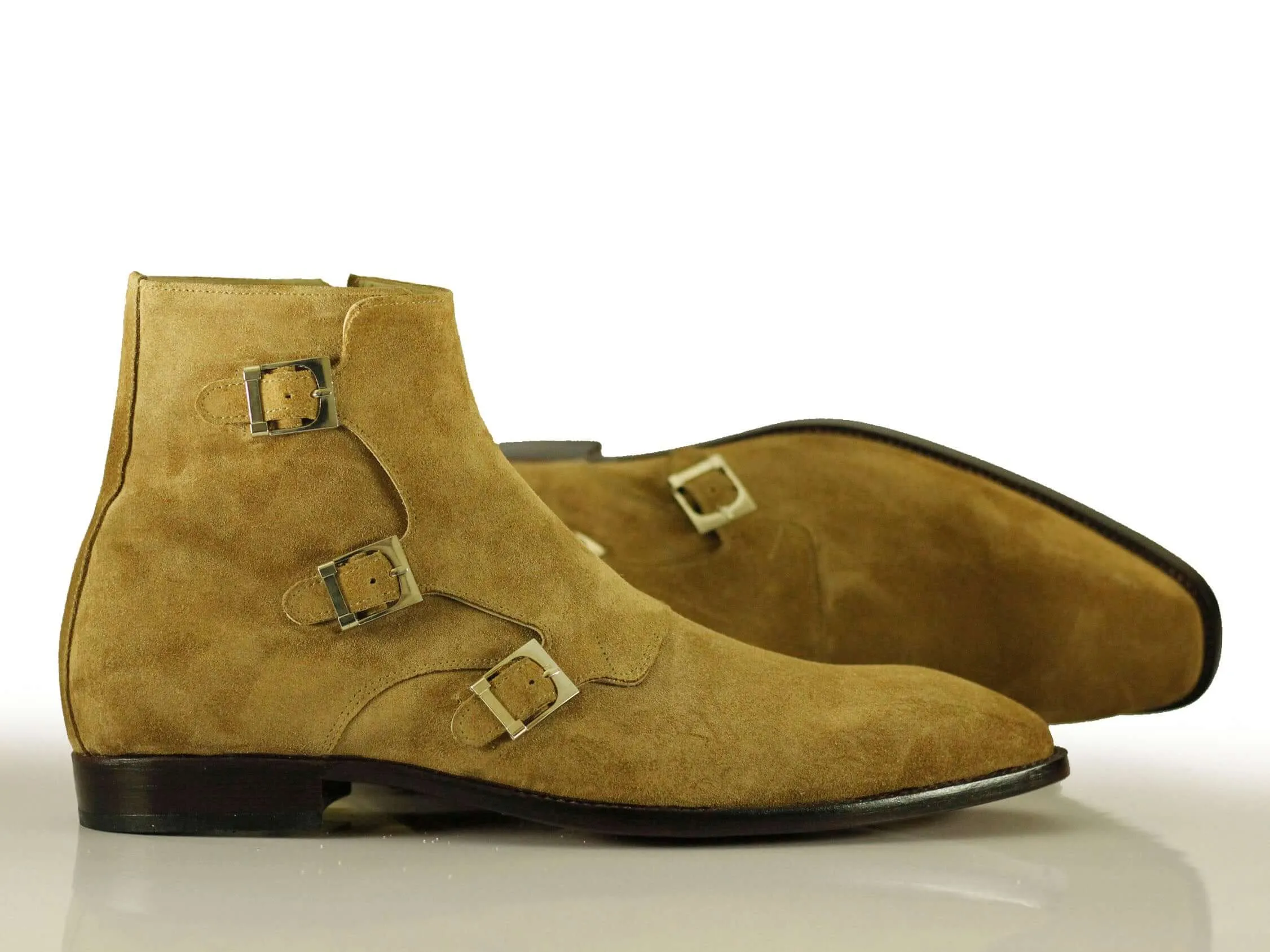 Handmade Tripple Monk Strap Side Zip Beige Colour,Men's Suede Ankle High Boot