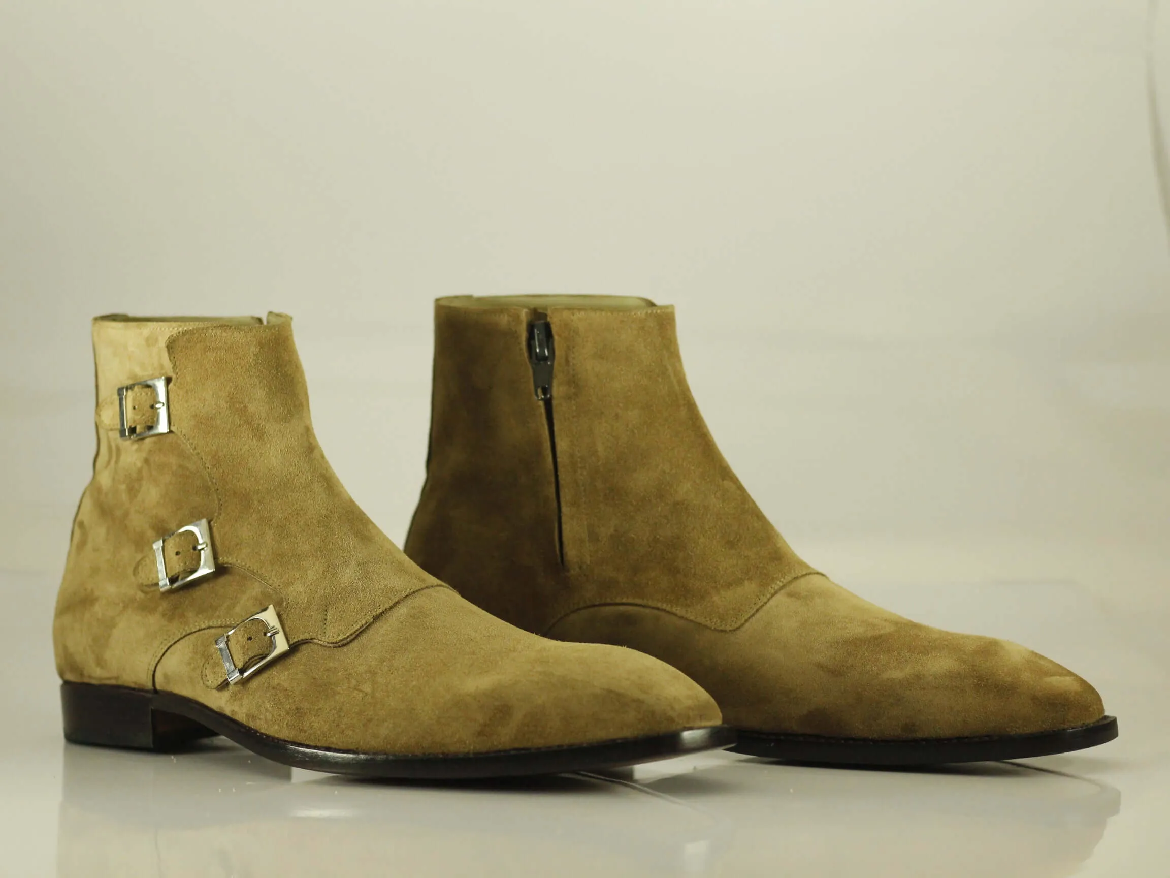 Handmade Tripple Monk Strap Side Zip Beige Colour,Men's Suede Ankle High Boot