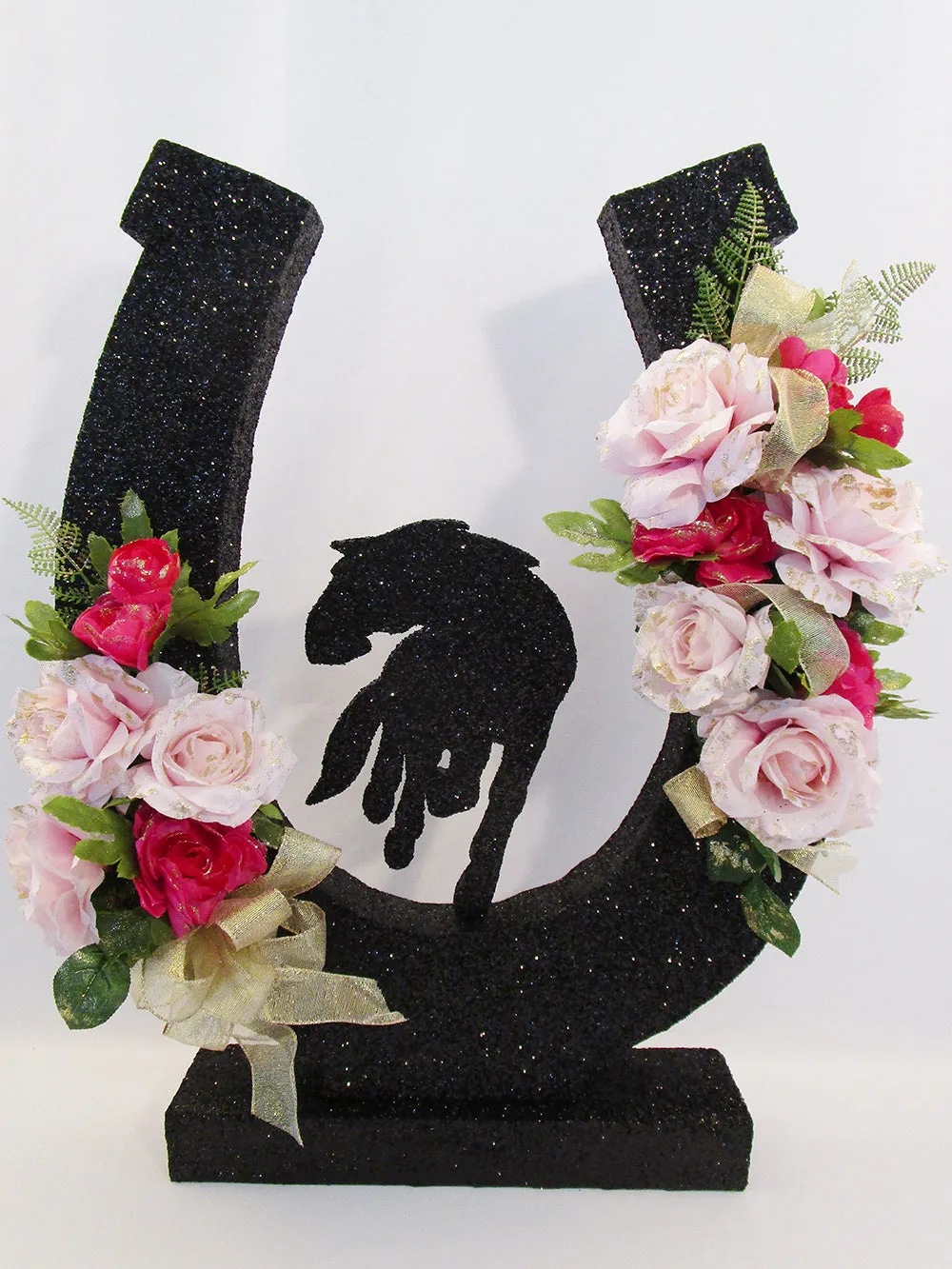 Large Black Horseshoe with Silk Roses & Horse cutout