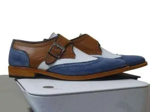 Men's Leather Monk Strap White Brown Blue Wing Tip Brogue Shoes