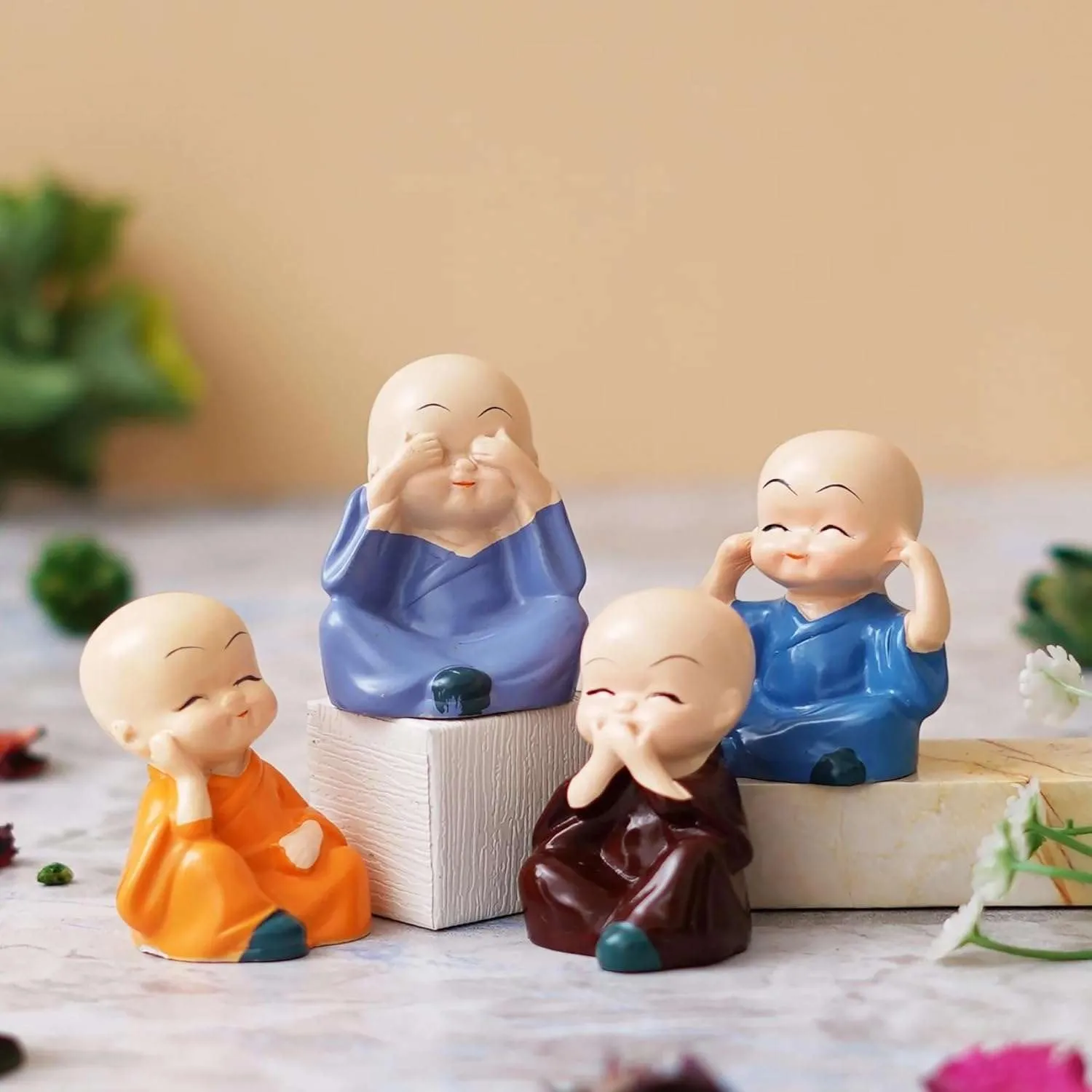 Set of 4, Baby Buddha Monk Home Decor Items Small Decorative Items Show Pieces Feng Shui Items Idols Gift Living Room/Hall/Bedroom/Office Show Piece Sculpture Murti (Style_6