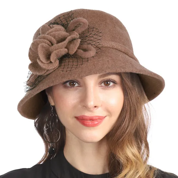 Women Vintage Elegant Wool Felt Cloche Bucket Hat Floral Winter Cap