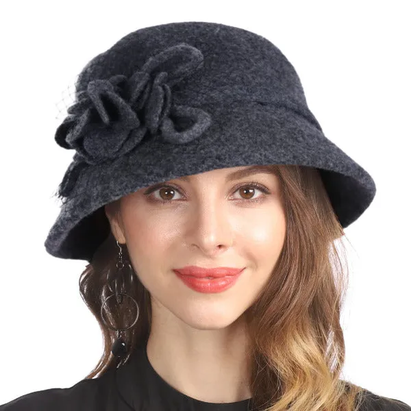 Women Vintage Elegant Wool Felt Cloche Bucket Hat Floral Winter Cap