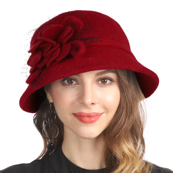 Women Vintage Elegant Wool Felt Cloche Bucket Hat Floral Winter Cap