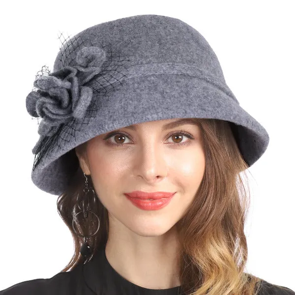 Women Vintage Elegant Wool Felt Cloche Bucket Hat Floral Winter Cap