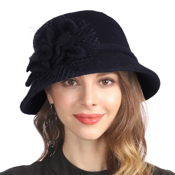 Women Vintage Elegant Wool Felt Cloche Bucket Hat Floral Winter Cap